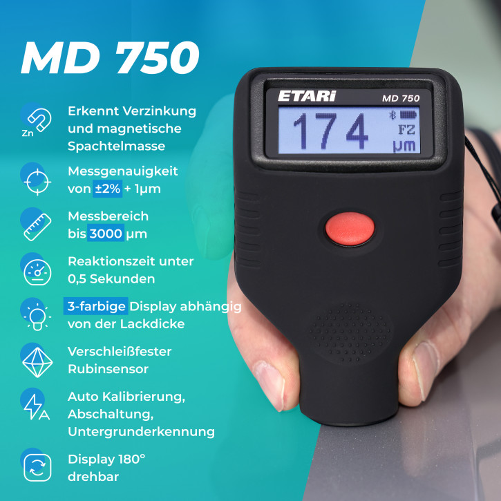 MD 750 Lackschichtenprüfer, Schichtdickenmessgerät zur Lackdickenmessung, erkennt Verzinkung und magnetische Spachtelmasse, Modell 2024