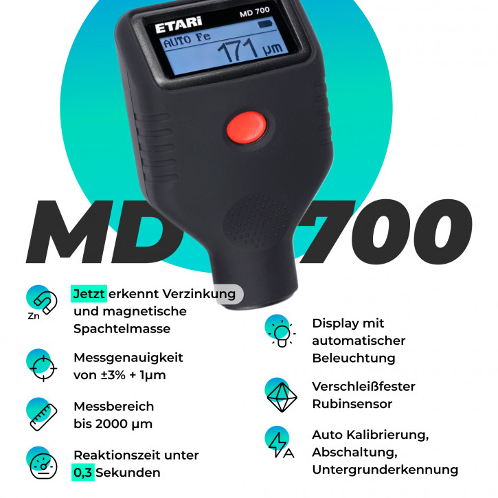 MD 700 Profi Lacktester, Schichtdickenmessgerät für Lack, nur für Eisen und Alu, erkennt Verzinkung
