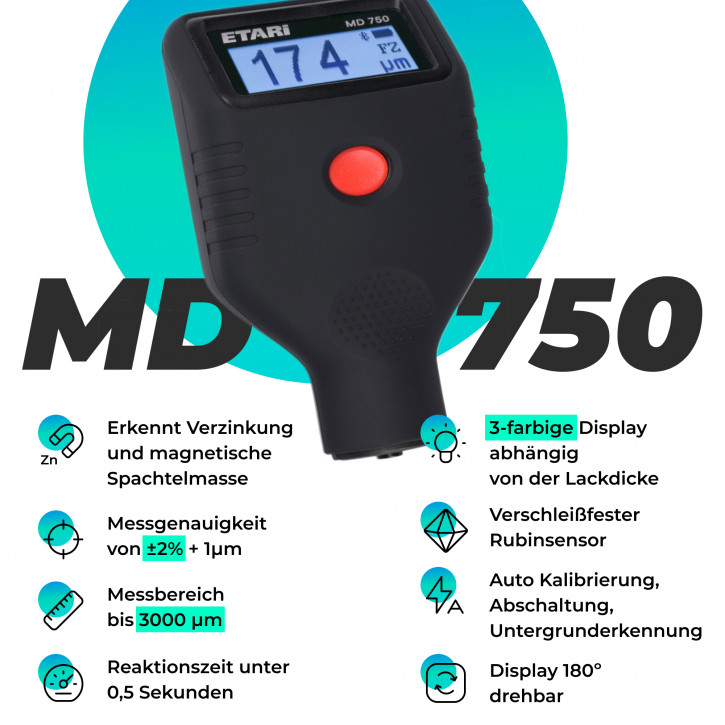 MD 750 Lackschichtenprüfer, Schichtdickenmessgerät zur Lackdickenmessung, erkennt Verzinkung und magnetische Spachtelmasse + kostenfreie App