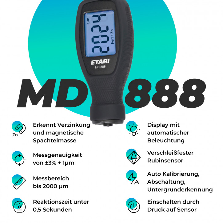 MD 888 Lackmessgerät für den Profi-Einsatz, +erkennt Verzinkung und magnetische Spachtelmasse, +Sensor aus verschleißfestem Rubin