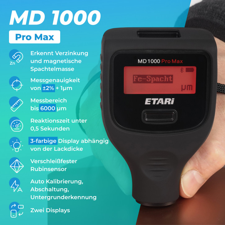 MD 1000 Pro Max, Profi Lackdickenmessgerät, Schichtdickenmessgerät zur Lackdickenmessung bis zu 6000 μm, erkennt magnetische Spachtelmasse sowie Verzinkungen, Modell 2024