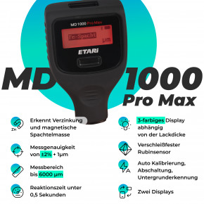 MD 1000 Pro Max, Profi Lackdickenmessgerät, Schichtdickenmessgerät zur Lackdickenmessung bis zu 6000 μm, erkennt magnetische Spachtelmasse sowie Verzinkungen + kostenfreie App