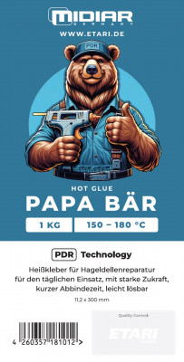 Klej na gorąco „PAPA BÄR”, najlepszy i najmocniejszy klej termotopliwy w naszej ofercie, delikatny dla lakieru, szczególnie do napraw uszkodzeń po gradzie, PDR 1 KG